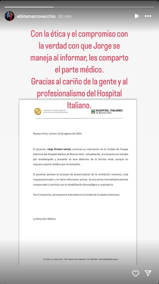 Elba Marcovecchio dio a conocer el nuevo parte médico de Lanata