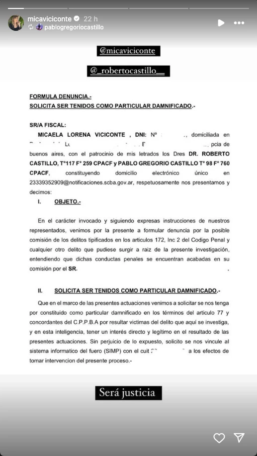 Mica Viciconte hizo una denuncia judicial y preocupó a sus seguidores
