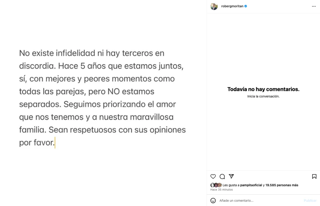 Pampita le dio "like" a la publicación de Moritán donde desmiente la separación