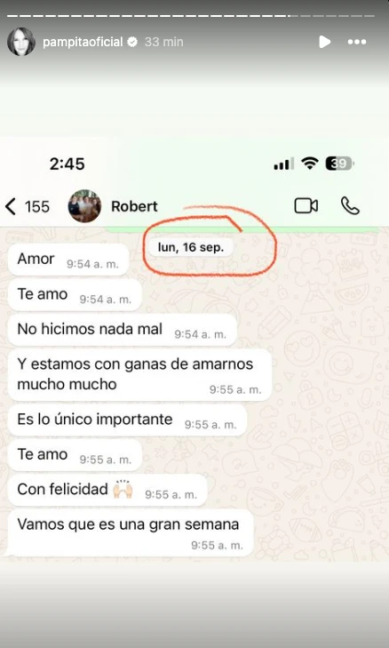 Captura chat Pampita y Roberto García Moritán