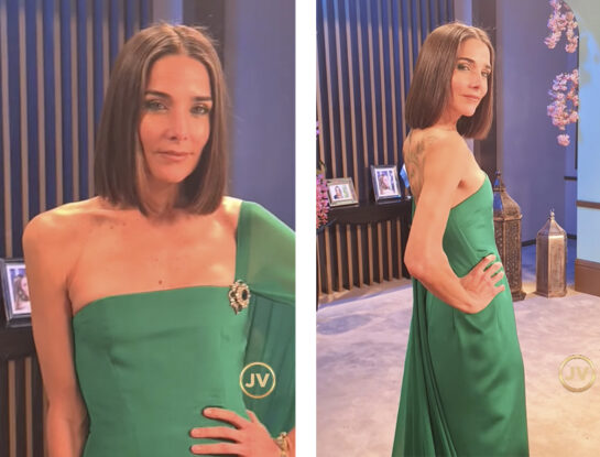 El look de Juana Viale en la mesaza: volvió a apostar a la moda circular usando el impactante diseño de los Martín Fierro
