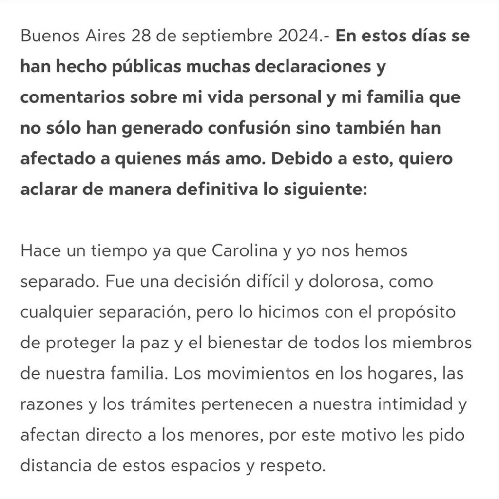 Roberto García Moritán admitió la separación de Pampita en un extenso posteo. 