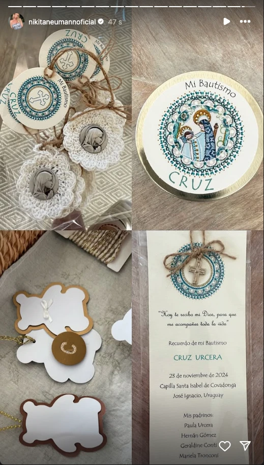 Nicole Neumann y más detalles del bautismo de Cruz: las estampitas que se llevarán los invitados