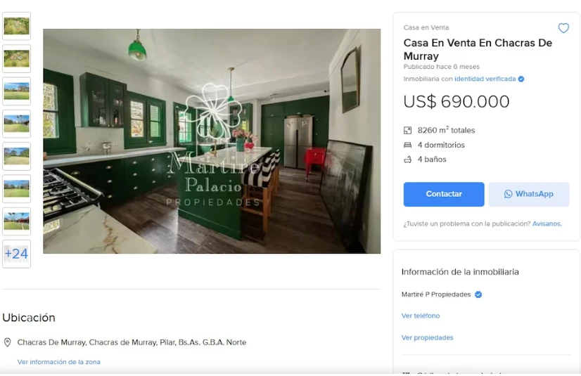 El aviso de la inmobiliaria, donde se anuncia la venta de la casa de la China