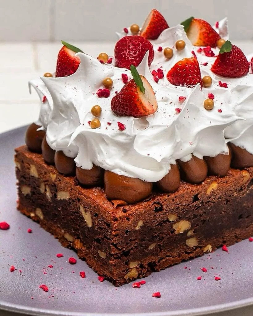el brownie con dulce de leche, frutillas y merengue: