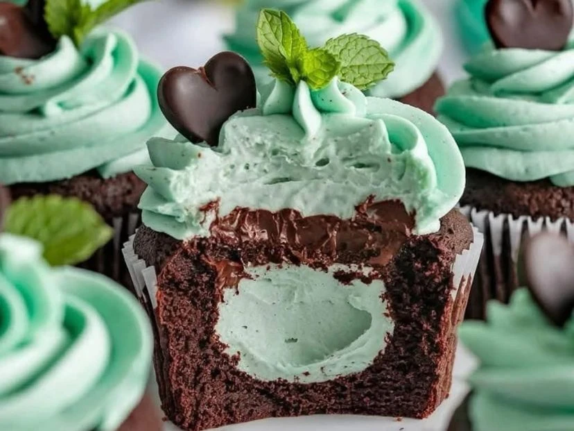 cupcakes de chocolate rellenos de crema de menta