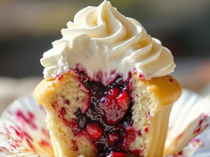 La receta de los cupcakes de chocolate blanco rellenos de frutos del bosque