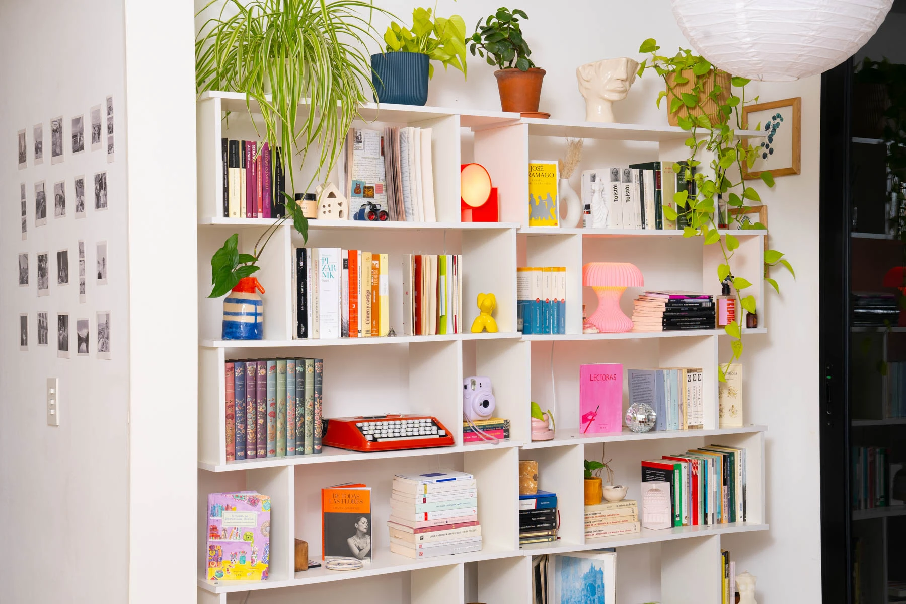 Un punto con dos vistas: la biblioteca y la pared del pasillo con una "gallery fotos".