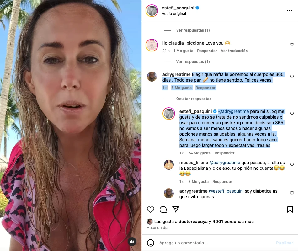 Estefanía Pasquini le respondió a una seguidora que la cuestionó