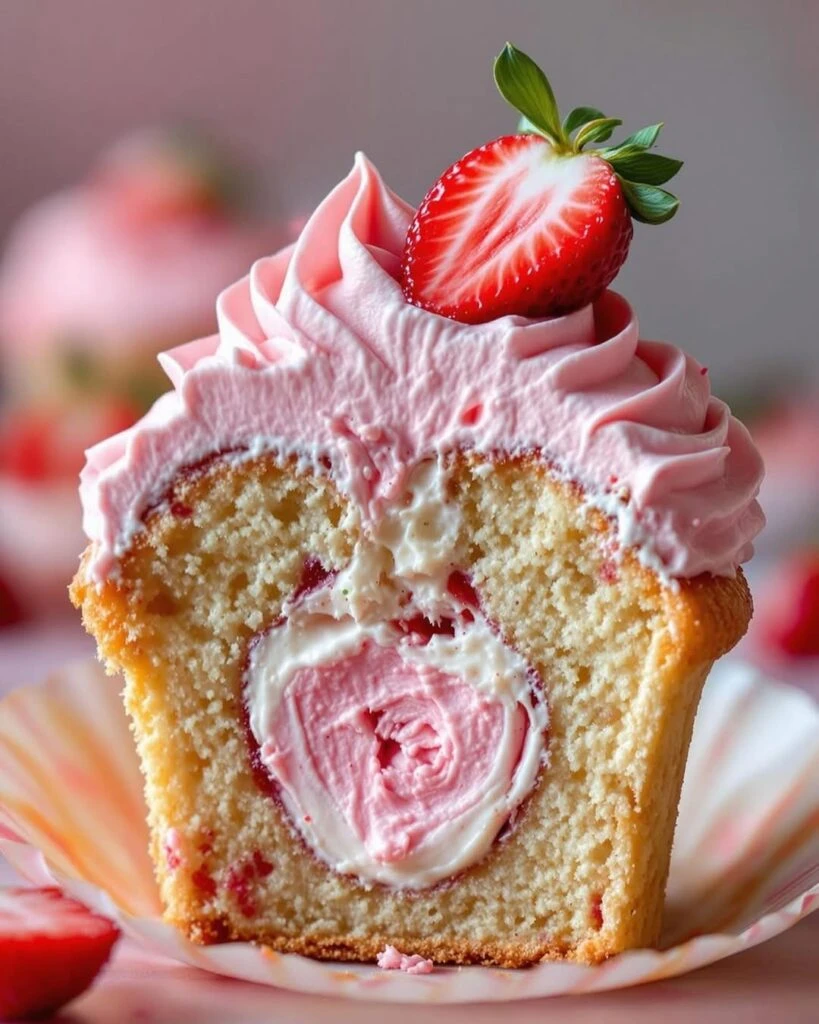 cupcakes de frutilla rellenos de chocolate blanco