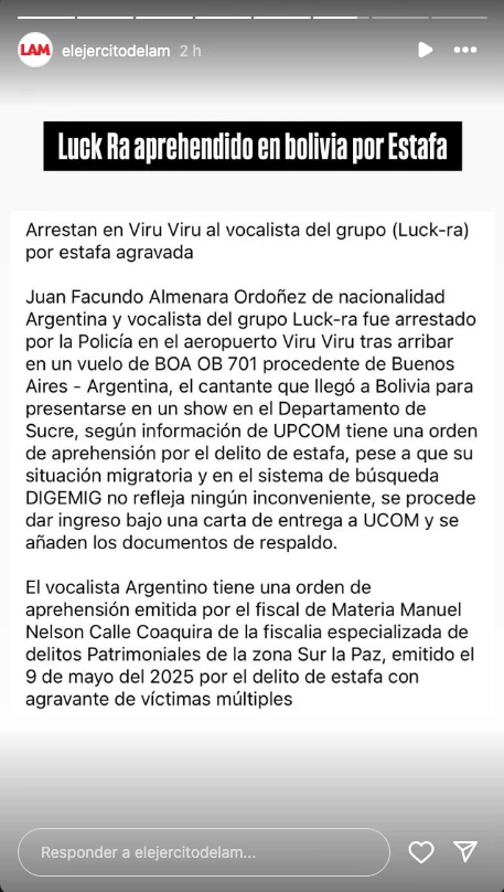 La información de Lam acerca de una detención del músico Luck Ra