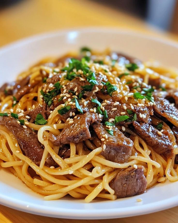 Fideos chinos salteados con carne marinada, vegetales y sésamo