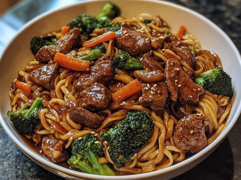 Fideos chinos salteados con carne marinada, vegetales y sésamo
