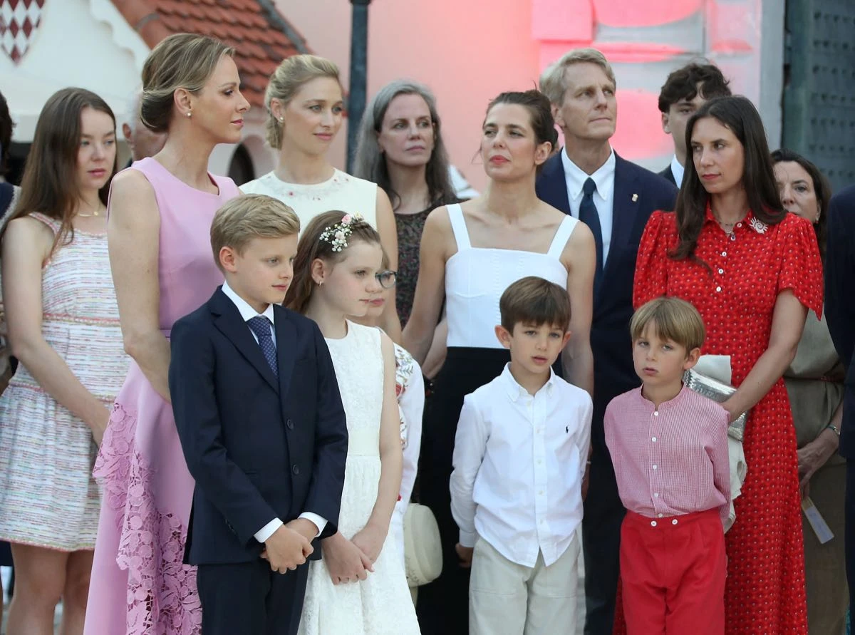 Princess (princesse) Alexandra of Hanover (Hanovre), Princess (princesse) Charlene of Monaco, Prince Jacques of Monaco, Beatrice Borromeo, Princess (princesse) Gabriella of Monaco, Balthazar Casiraghi-Rassam, Charlotte Casiraghi, Maximilian Casiraghi, Tatiana Santo Domingo during the celebration of Prince Albert II of Monaco's 20 years on the throne, on the Palace square in Monte, Carlo, Monaco, on July 19, 2025.