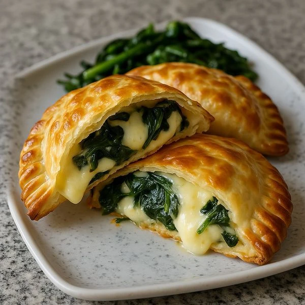 Empanaditas de masa filo con espinaca, queso de cabra y pasas