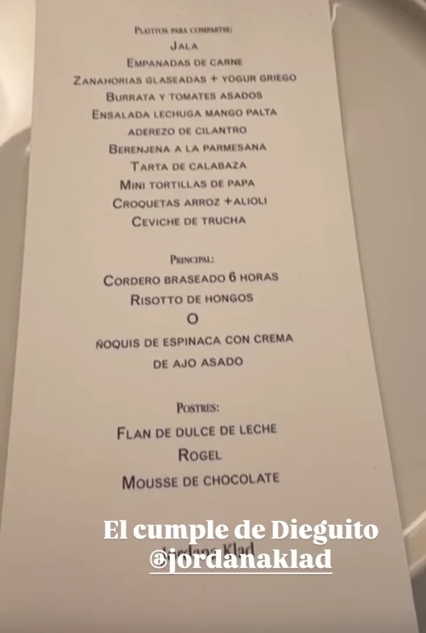 El menú del festejo de Dieguito Latorre