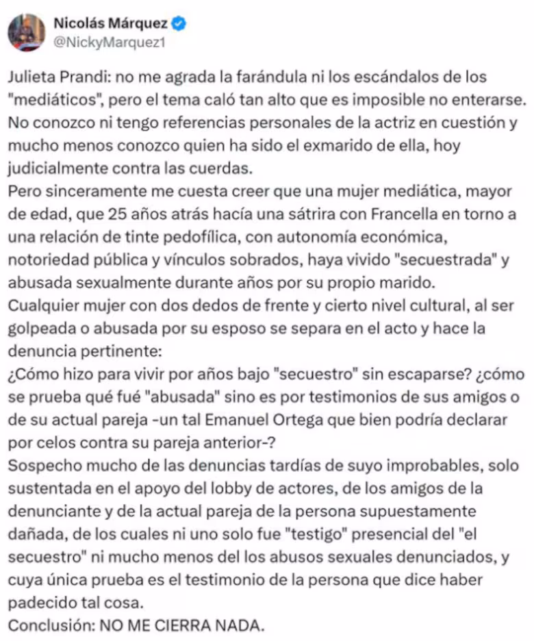 "Enanismo intelectual": Emanuel Ortega le contestó a Nicolás Márquez, el biógrafo de Milei, por dudar de Julieta Prandi

