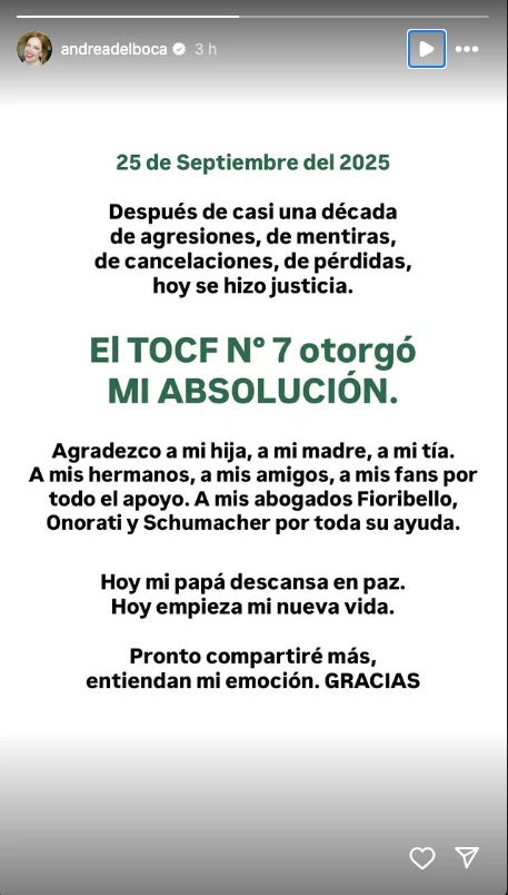 El posteo de Andrea del Boca tras la noticia de su absolución en el juicio