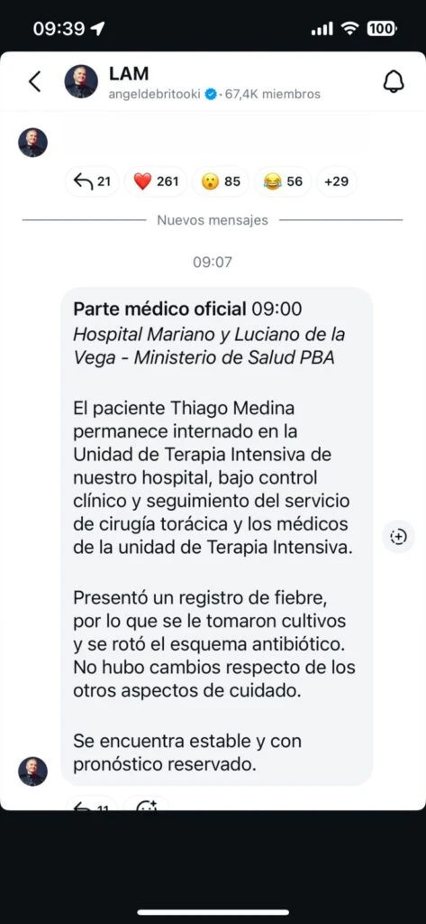 Nuevo parte médico de Thiago Medina. Foto: IG