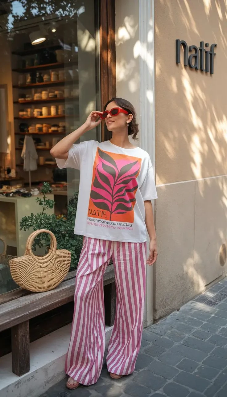 Pantalón rayado + remera con estampa