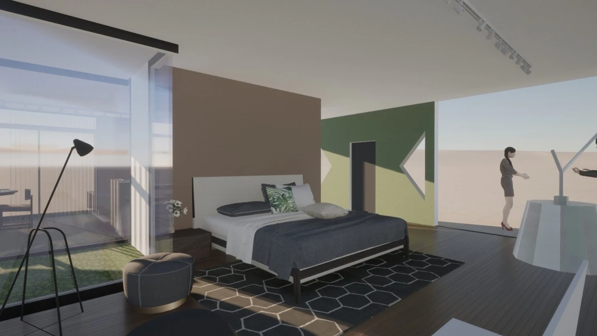 Render del dormitorio de la Casa para ti DECO x Grand Atlántida, concebido como un refugio en tonos tierra.