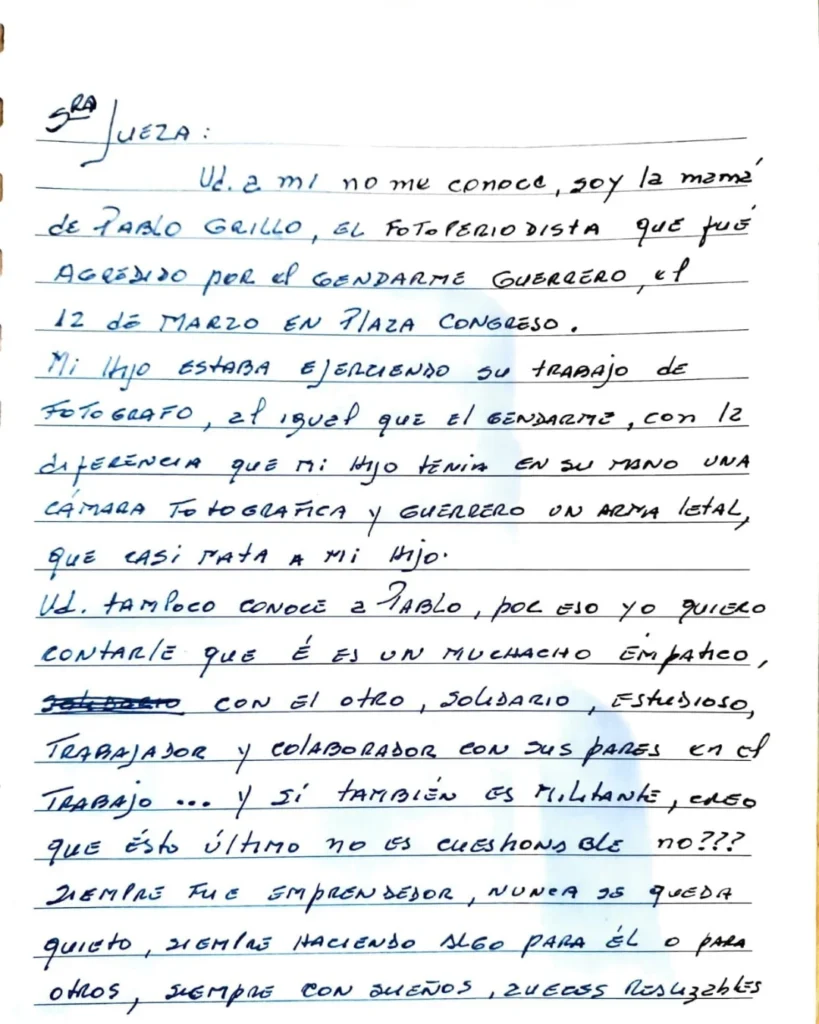 La desgarradora carta de la madre de Pablo Grillo