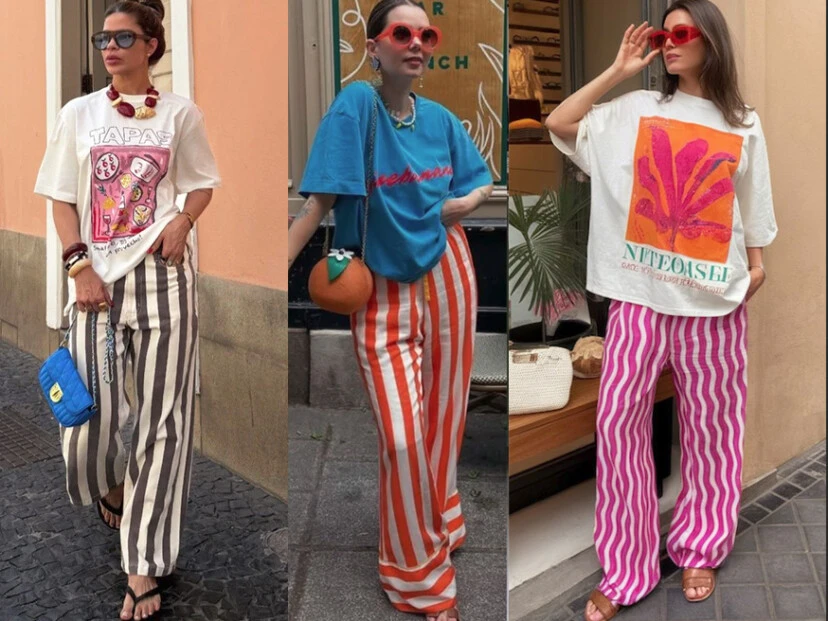 Pantalón rayado + remera estampada