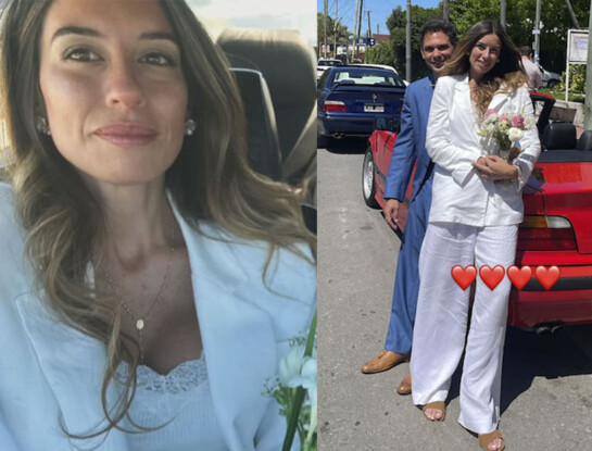 Rosario Burlando deslumbró con un look sastrero total white en su casamiento con Danilo Herrera