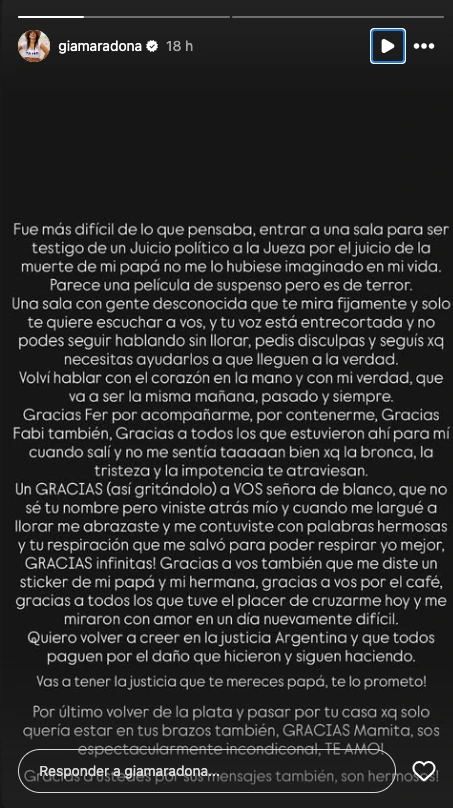 Posteo de Gianinna Maradona que emocionó a todos sus seguidores.