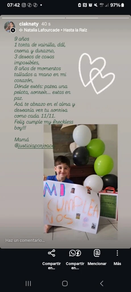 El posteo que este 11 de noviembre Natalia le dedicó a su hijo: hoy Joaquín cumpliría 9 años