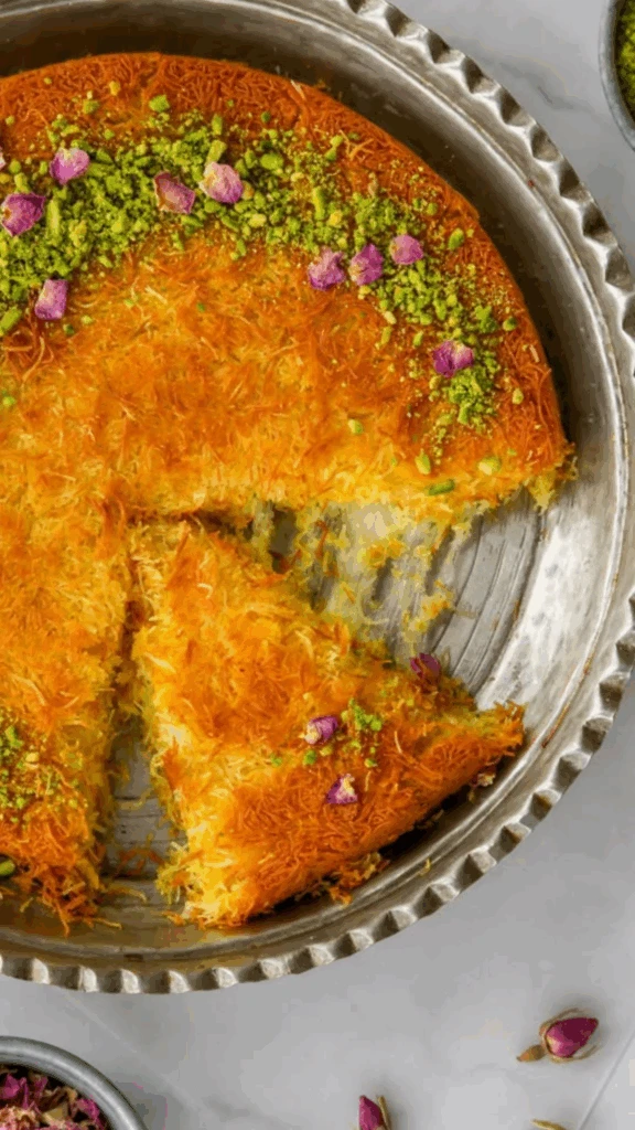 Aprendé a preparar knafeh, el postre de queso y agua de rosas de Medio Oriente. Receta fácil, aromática y deliciosa para hacer en casa.