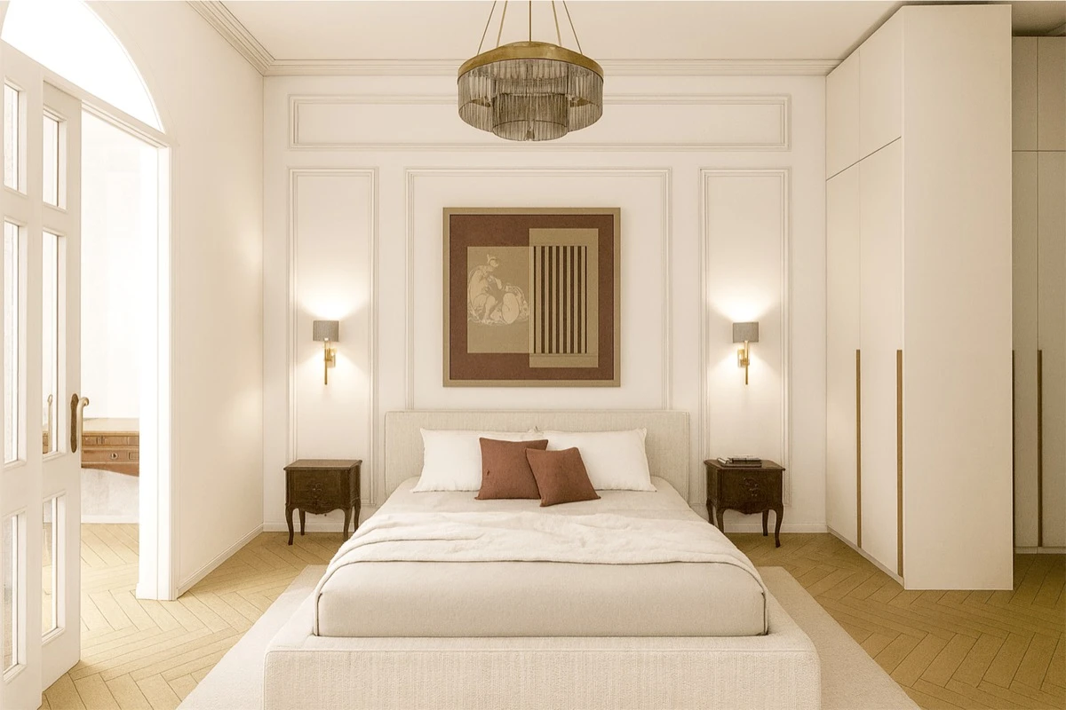 En la zona de noche, las habitaciones completan un proyecto que combina confort actual y sensibilidad histórica.  