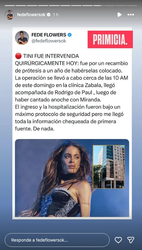 Fede Flowers dio la primicia de la operación de Tini, a través de este posteo de Instagram.