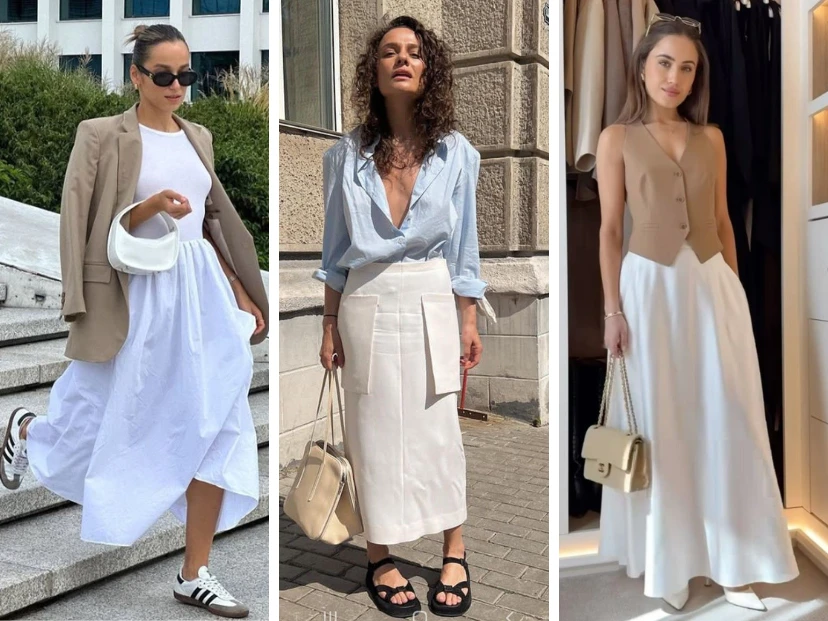 La pollera blanca es el comodín del verano: del look de oficina a las noches de fiesta