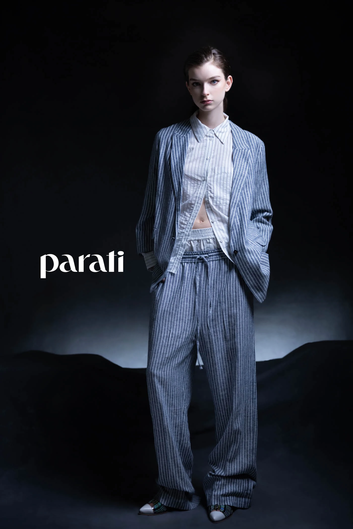 Tailleur de lino rayado de saco y pantalón pijama y camisa y boxer rayados @verapasionadas Zapatos en punta @sylviegeronimizapatos