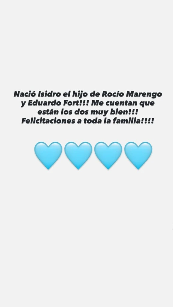 Nació Isidro, el hijo de Rocío Marengo y Eduardo Fort. Foto: IG