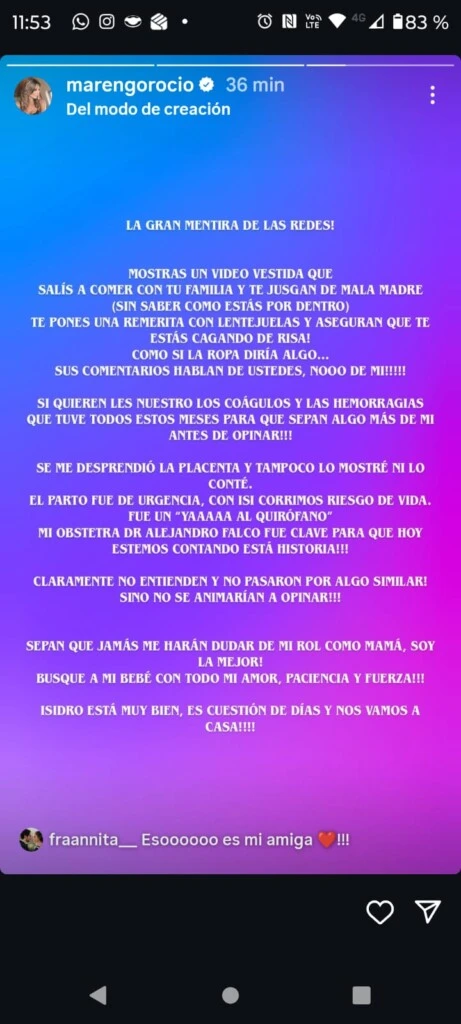 El descargo de Rocío Marengo. Foto: IG