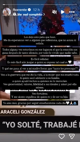 El mensaje de Flor Torrente a Araceli González. Foto: IG