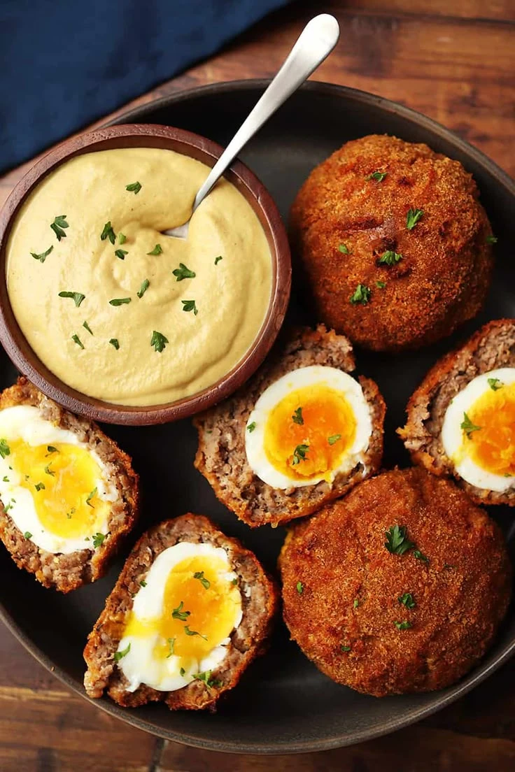 scotch eggs con cebolla encurtida y mayonesa de mostaza 