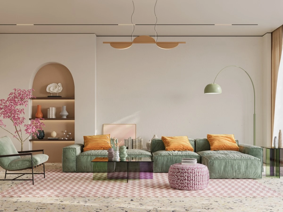 El color aparece por capas, principalmente en textiles, cerámicas y obras de arte, siempre equilibrado por una base serena.