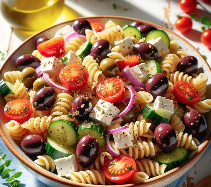 Ensalada de pasta corta con tomate y albahaca