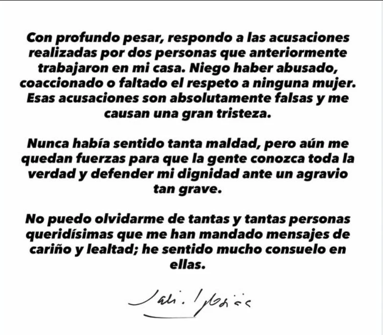 El comunicado de Julio Iglesias en sus redes sociales.