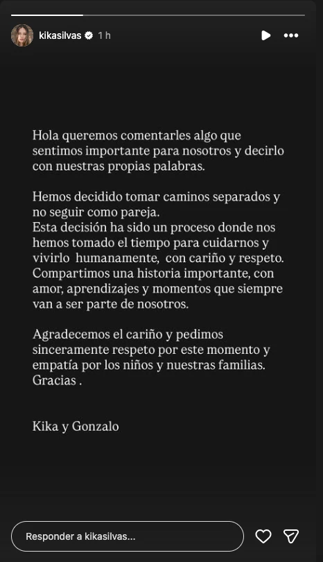 El comunicado de Kika Silva en sus redes sociales.