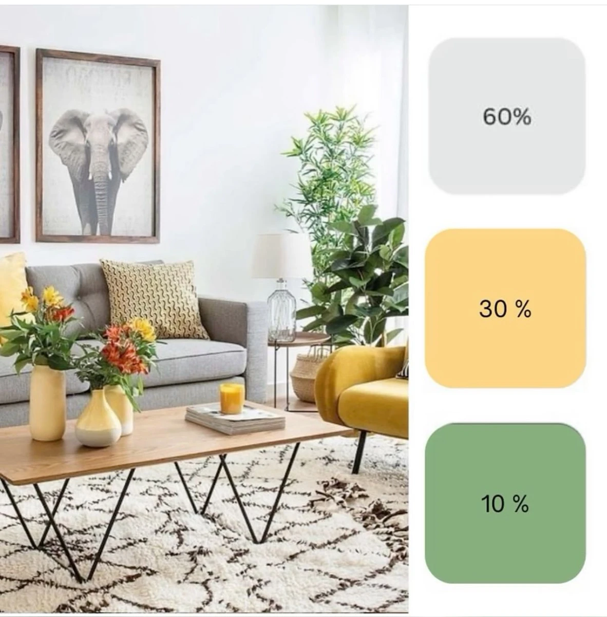 Un comedor con 60 de gris claro, 30 de beige y 10 de azul. 