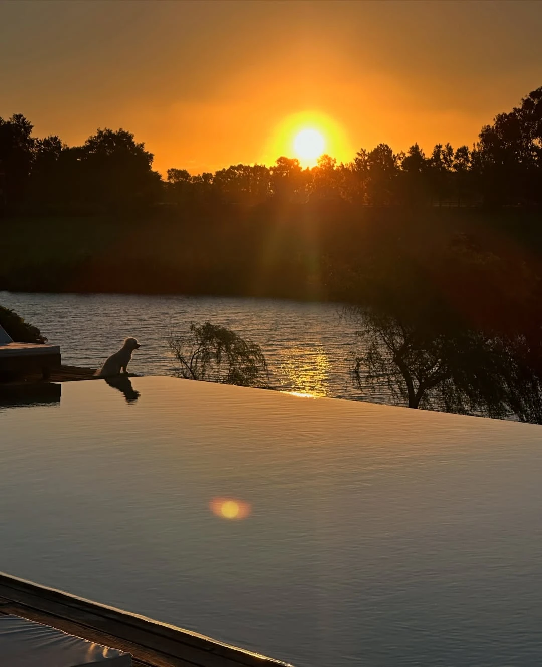 Pileta y lago natural acompañan el atardecer uruguayo. Fotos: IG.