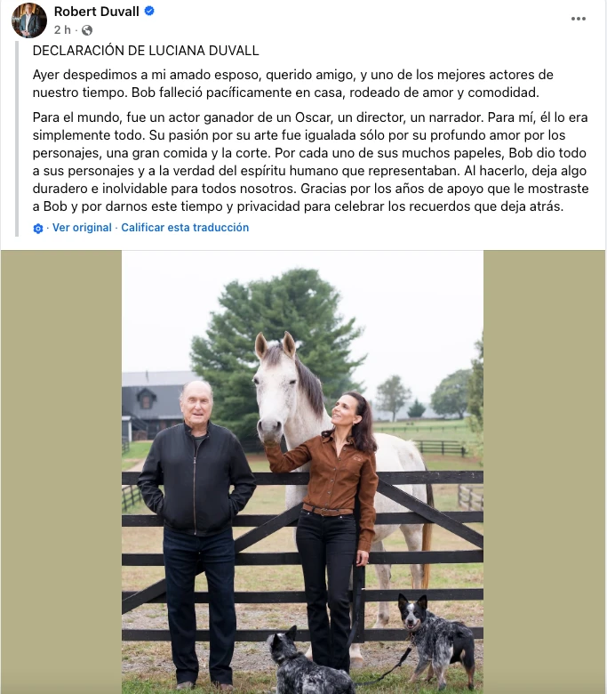 El posteo de despedida que escribió Luciana Pedraza, esposa de Robert Duvall en la cuenta de Facebook del actor. 