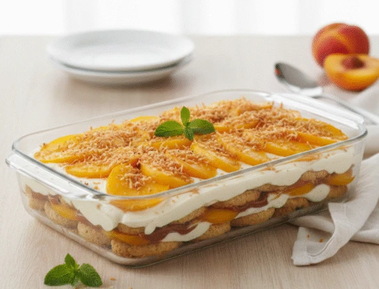 Postre ensamblado de duraznos, coco y dulce de leche: el postre de verano que hacés en 10 minutos y sin prender el horno