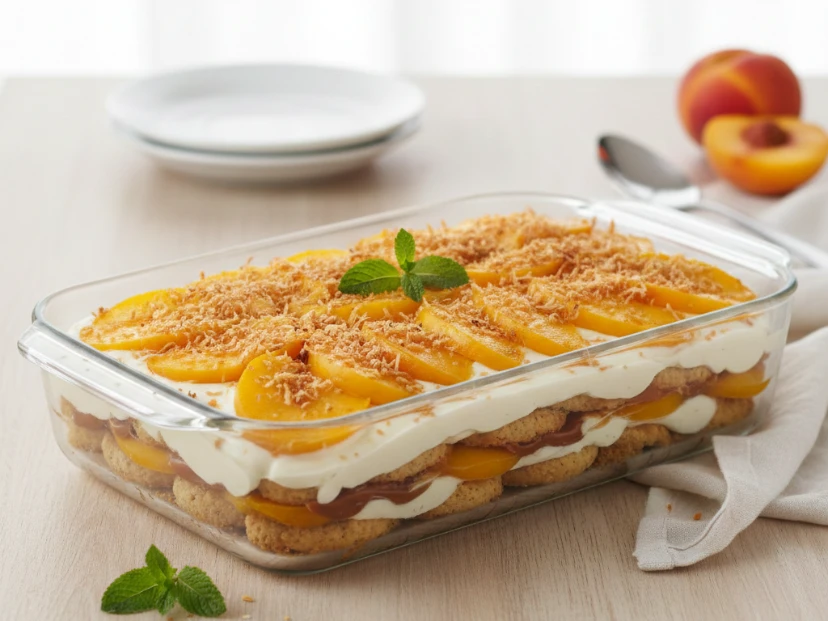 Postre ensamblado de duraznos, coco y dulce de leche: el postre de verano que hacés en 10 minutos y sin prender el horno