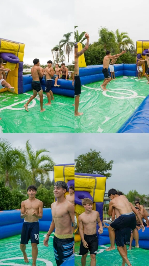 Los jóvenes se divirtieron en un inflable en forma de cancha de fútbol. Fotos: IG.