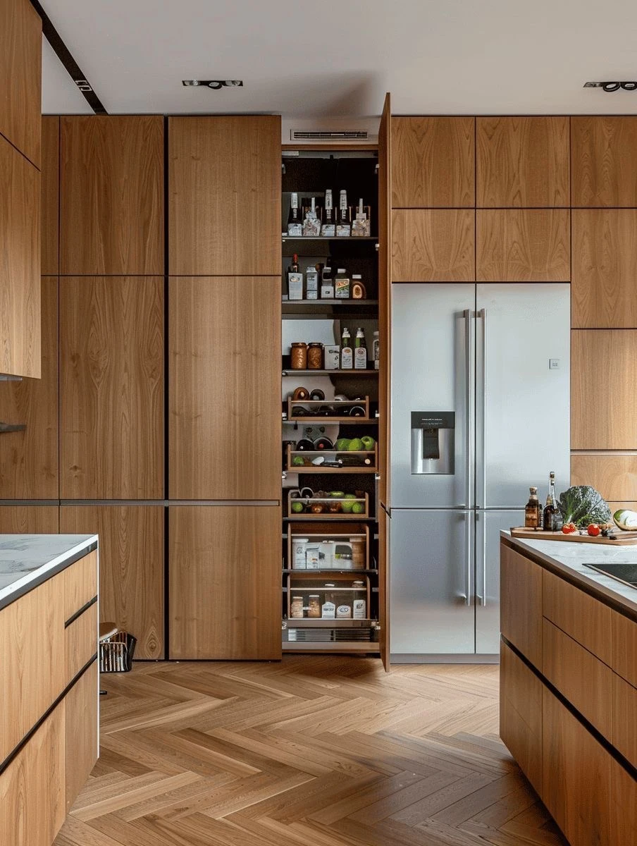 Despensas modernas, módulos altos y verticales, estantes abiertos.
